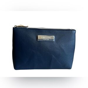 Salvatore Ferragamo Parfums Navy Blue Leather Cosmetic Zip Pouch